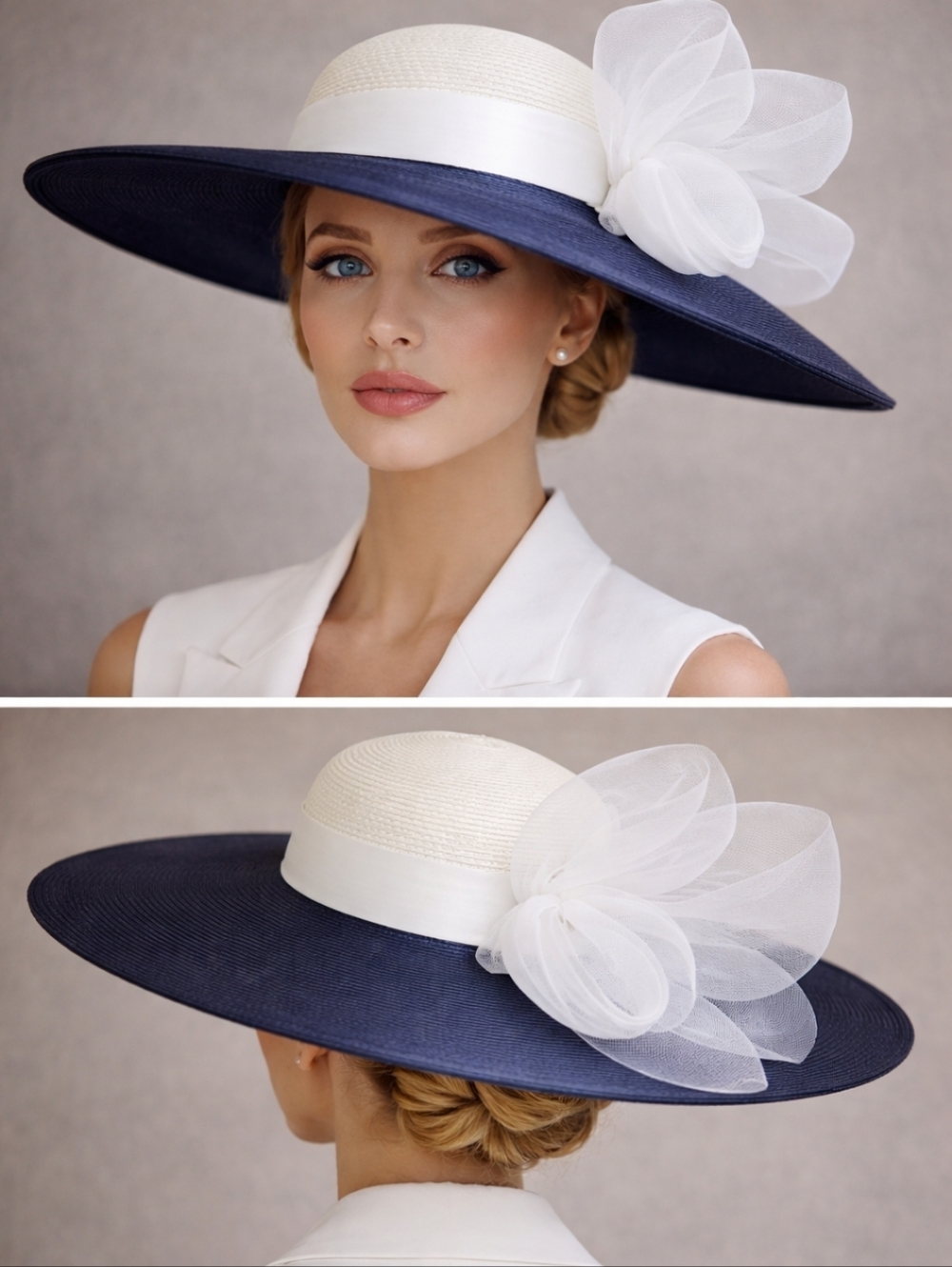 Navy & White Wide Brim Hat with Mesh Floral Accent | Elegant Derby